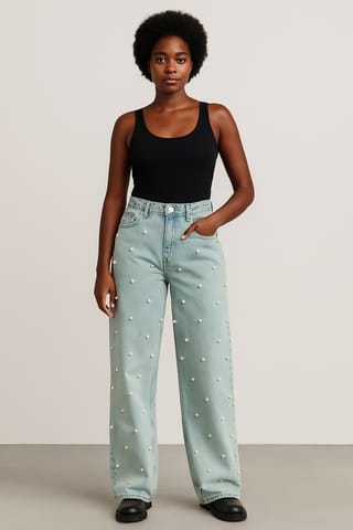 FADED BLUE RETRO DENIM JEANS WITH PEARLS