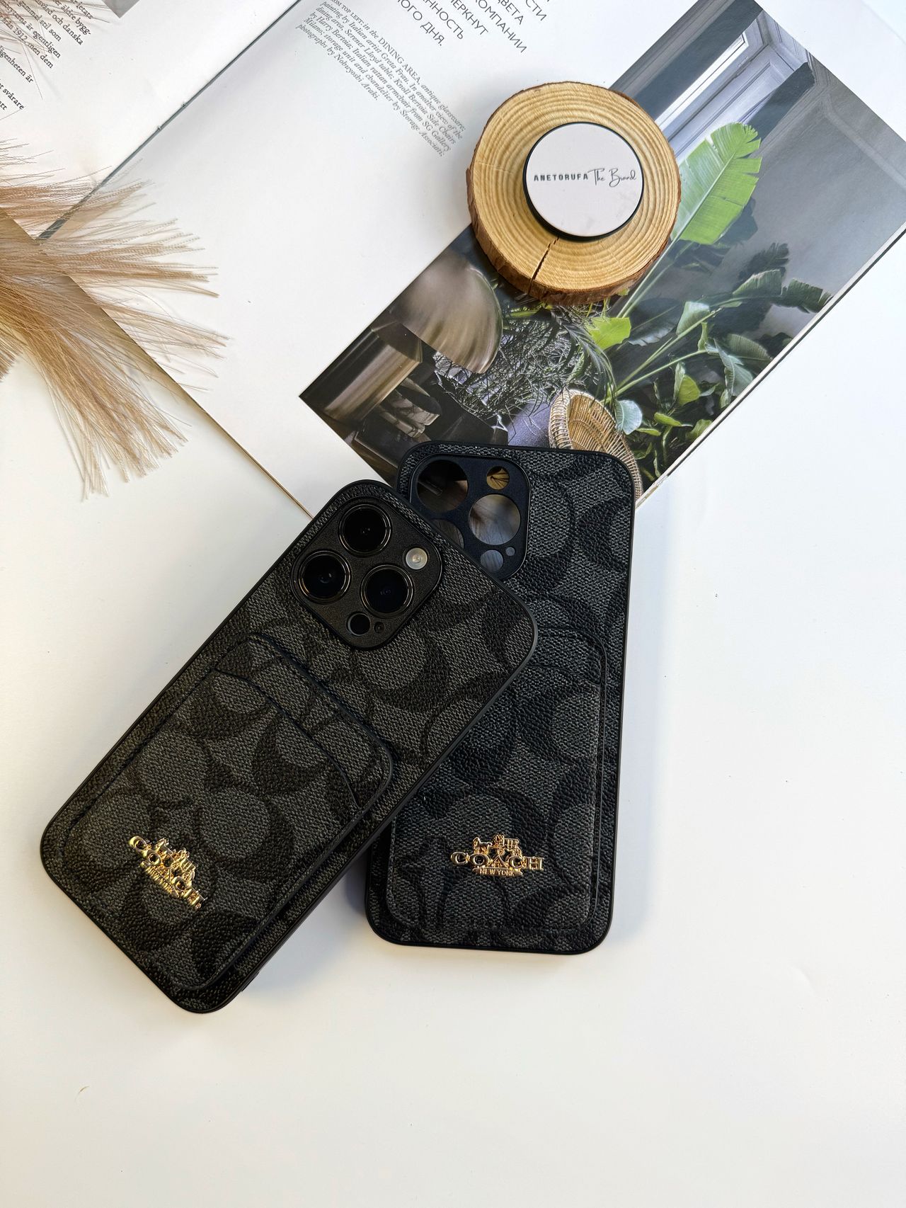 BLACK COACH PHONE CASE WITH CARD HOLDER image