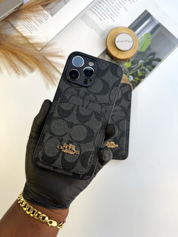 BLACK COACH PHONE CASE WITH CARD HOLDER