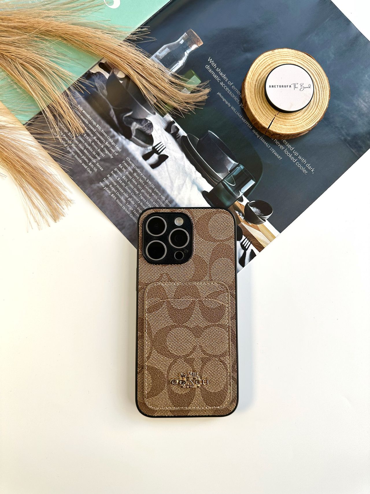 LIGHT BROWN COACH PHONE CASE WITH CARD HOLDER image