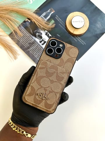LIGHT BROWN COACH PHONE CASE WITH CARD HOLDER