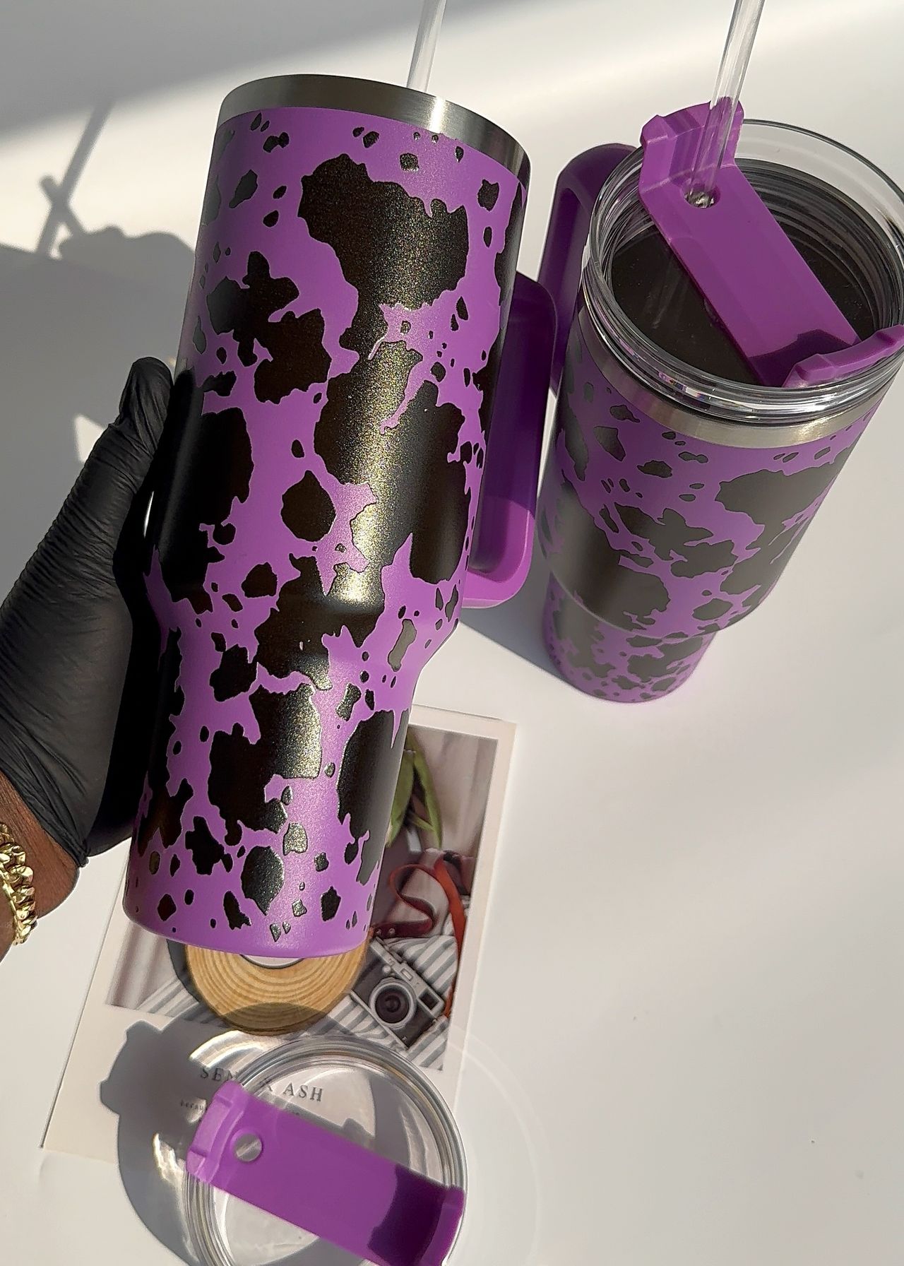 40oz COW PRINT THERMAL TUMBLER WITH HANDLE image