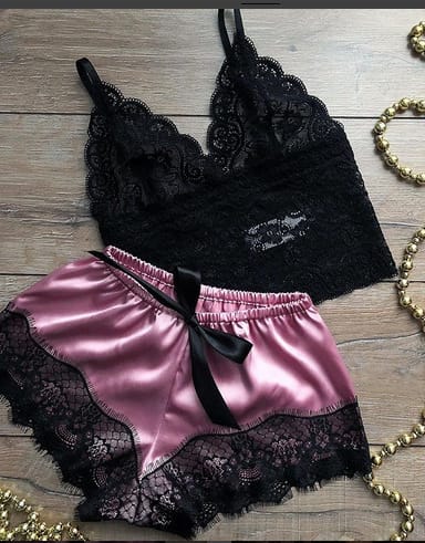 Two piece Bra Tops Shorts Sexy Satin Lace Sleepwear Image