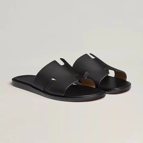 Iconic "H" Cutout Leather Slides — Minimalist Black