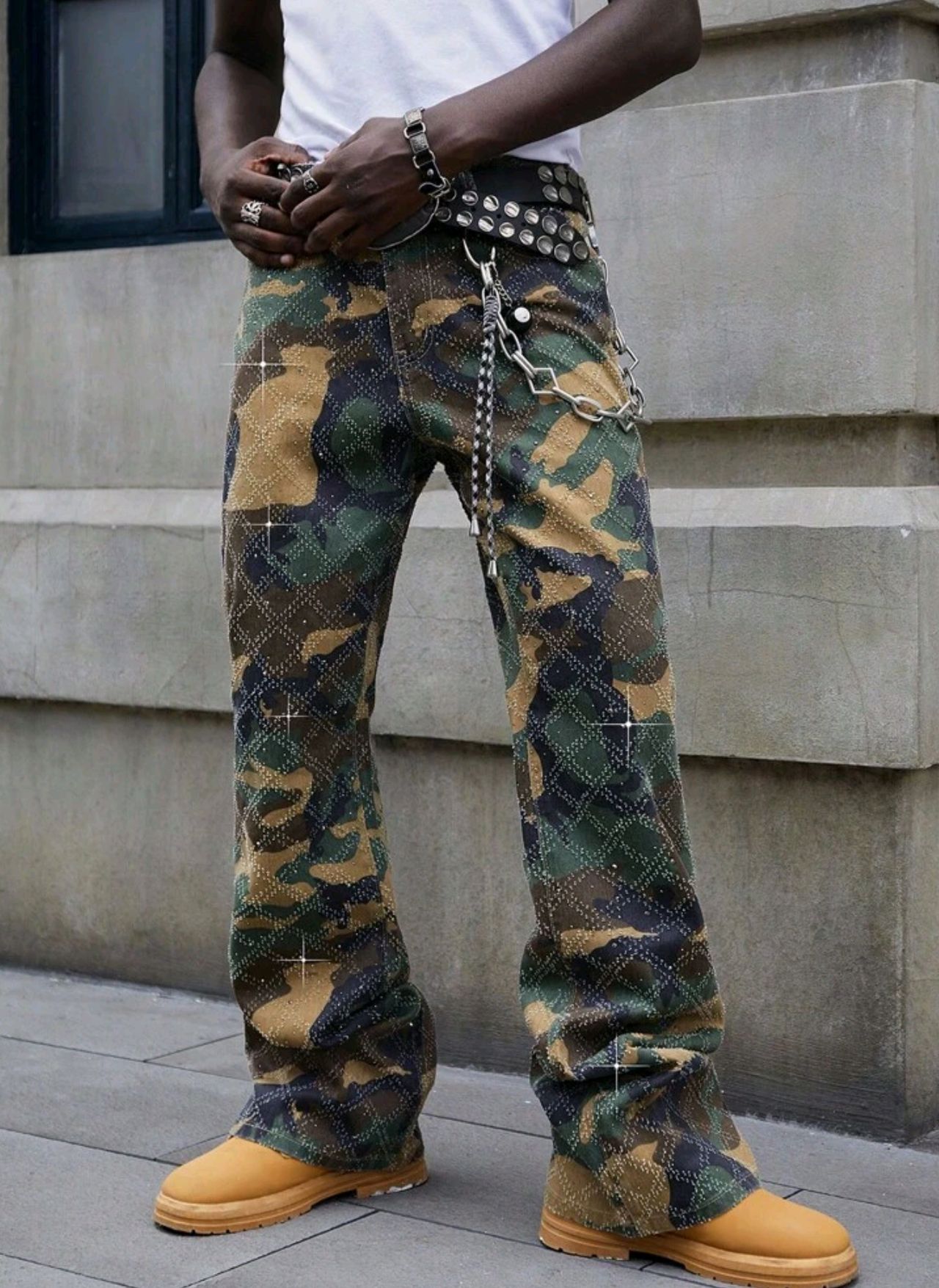 ROMWE MEN Street Life Men's Sparkling Diamond Layered Flare Camouflage Jeans Pants image