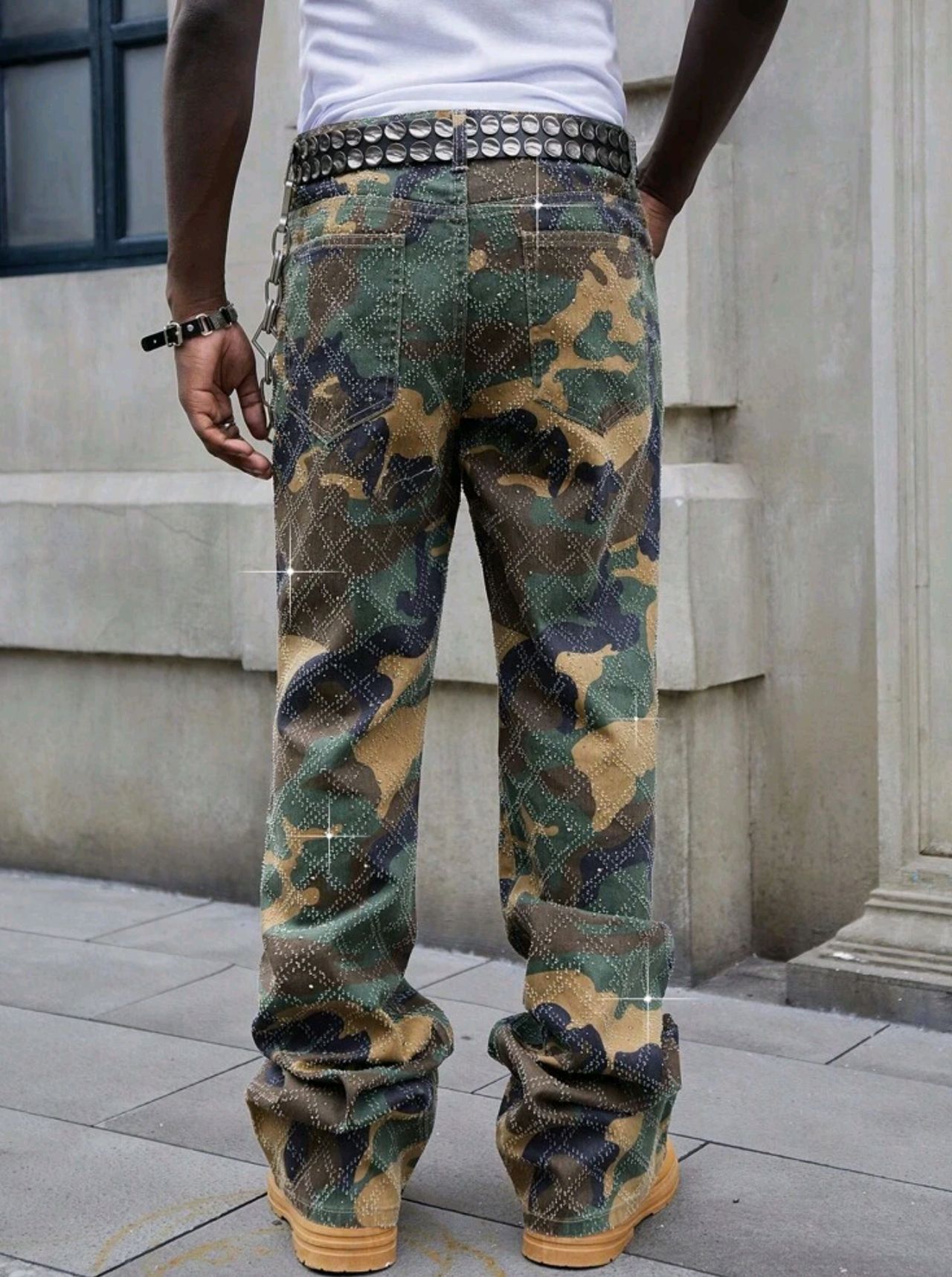 ROMWE MEN Street Life Men's Sparkling Diamond Layered Flare Camouflage Jeans Pants image