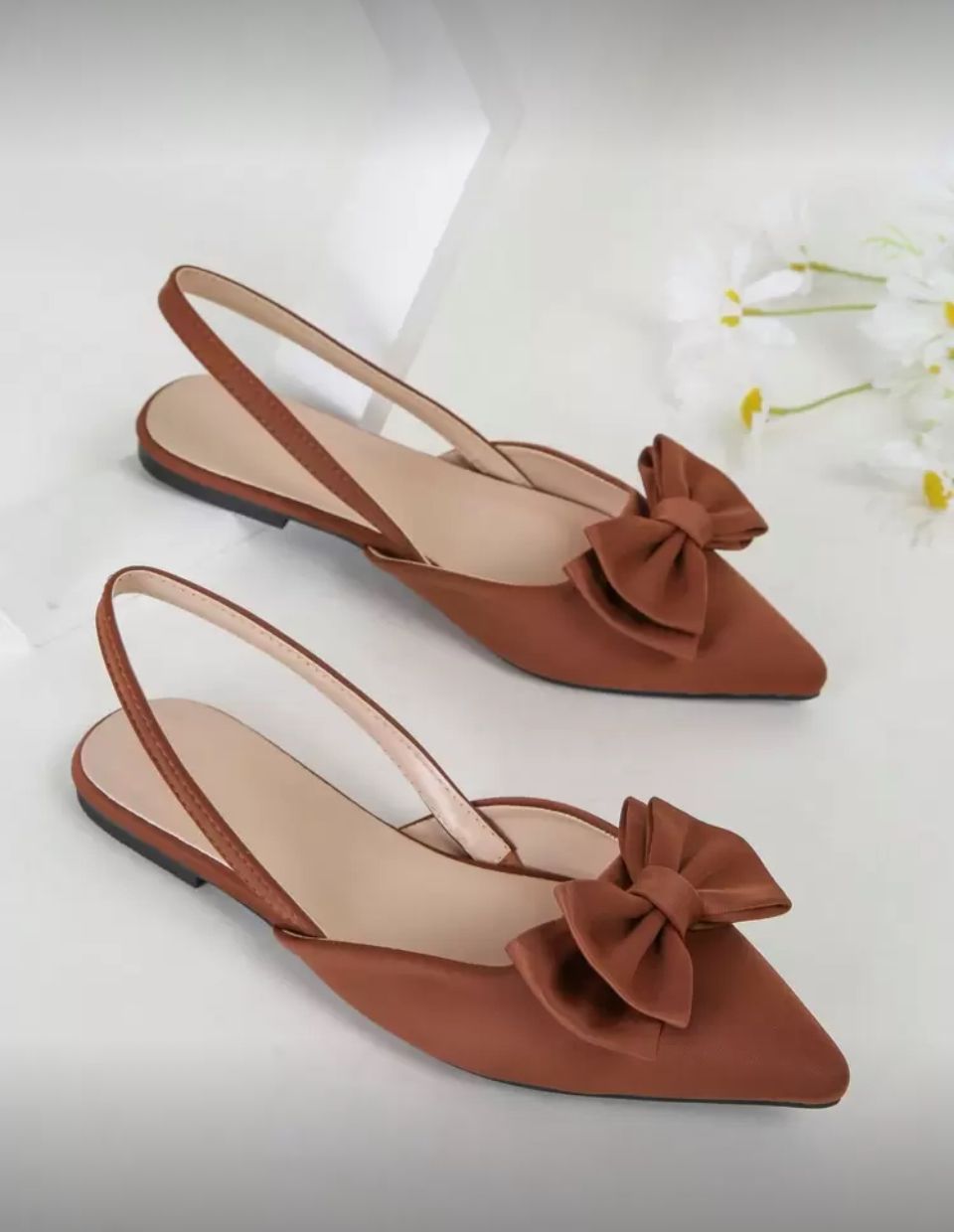 Women's Apricot Colored Ribbon Bow Flat Shoes Valentines Image