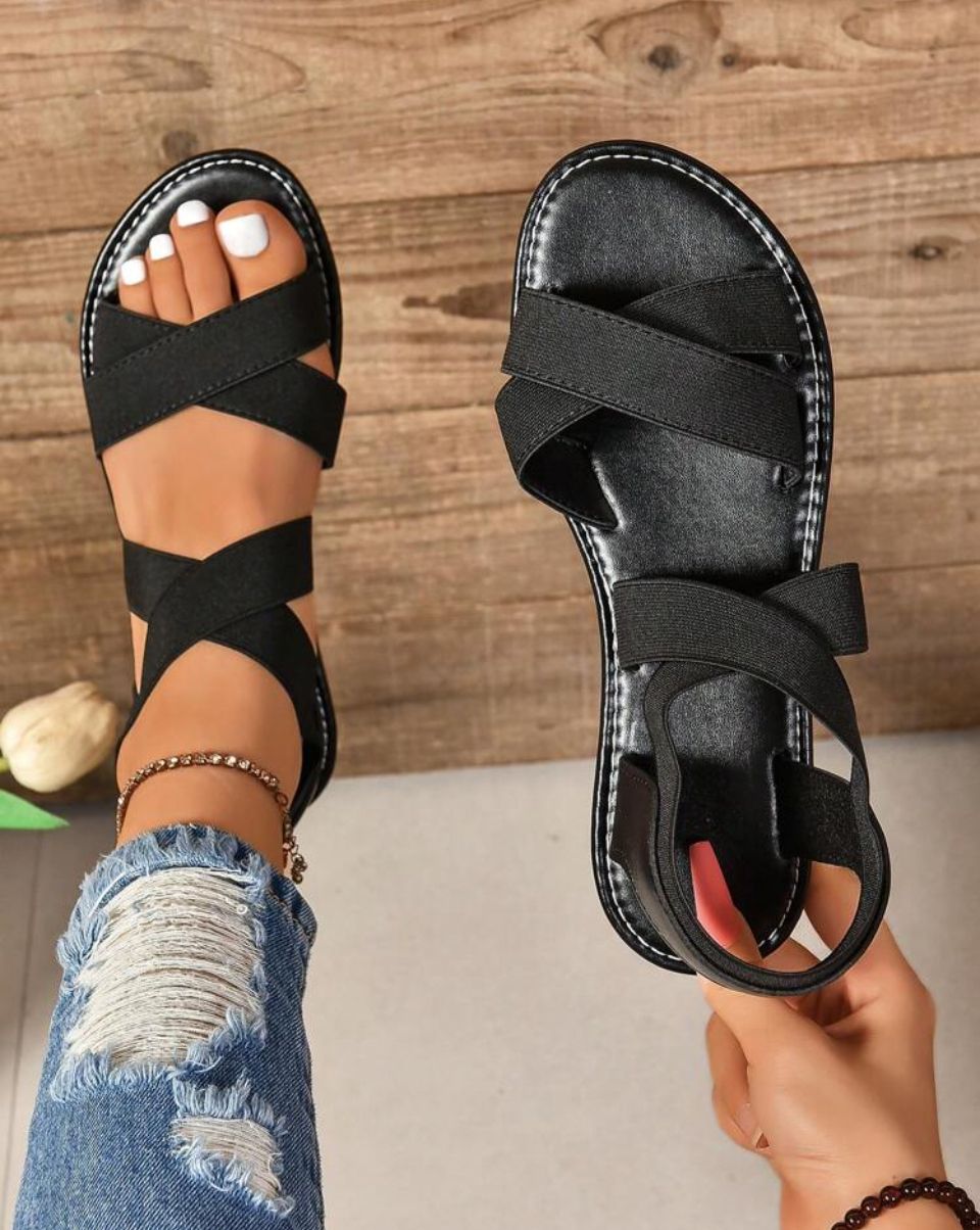 Women's Flat Sandals Cross Elastic Band Loose And Comfortable Beach Shoes Outdoor Fashionable Minimalist New Solid Color Casual Shoes second image