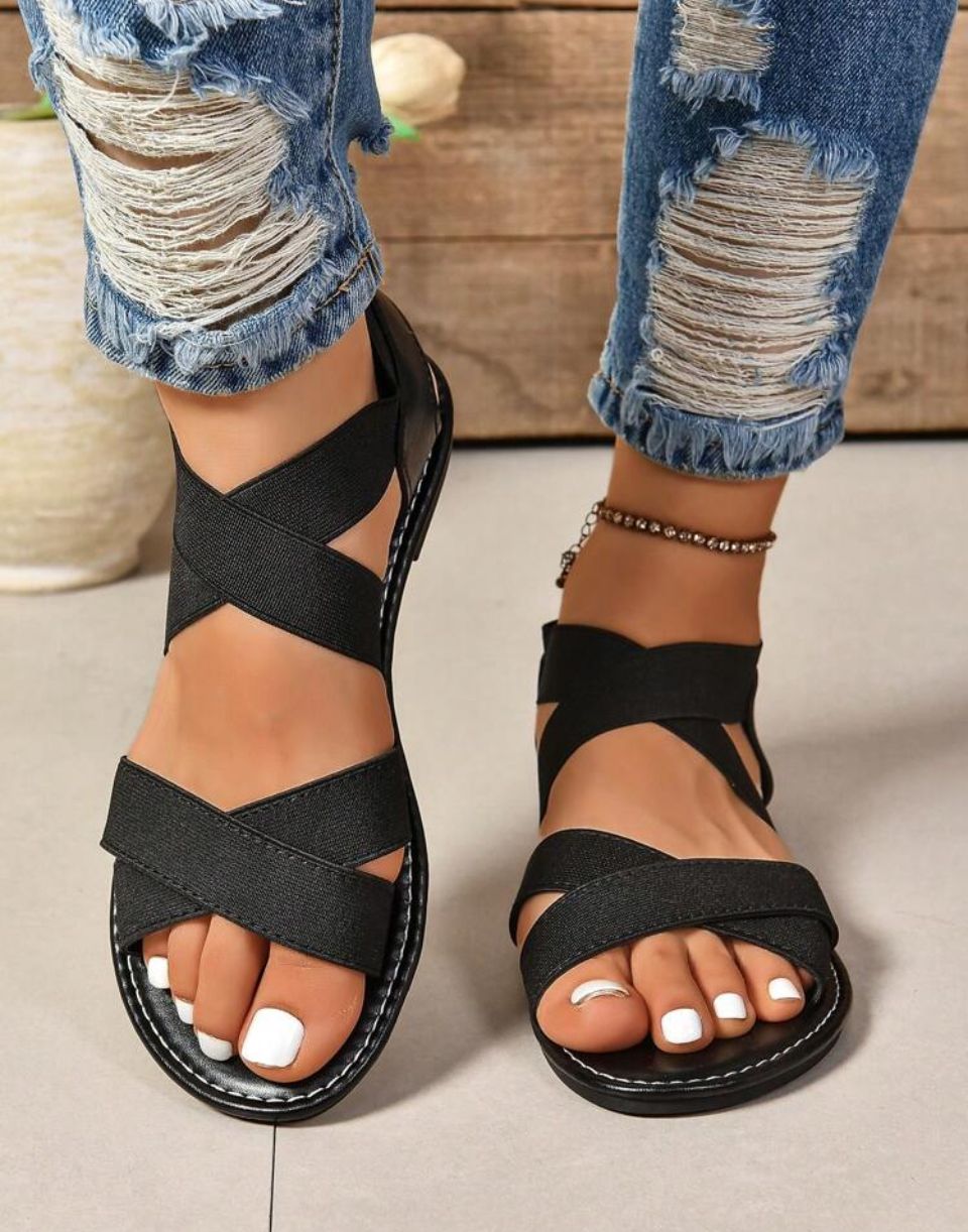 Women's Flat Sandals Cross Elastic Band Loose And Comfortable Beach Shoes Outdoor Fashionable Minimalist New Solid Color Casual Shoes image