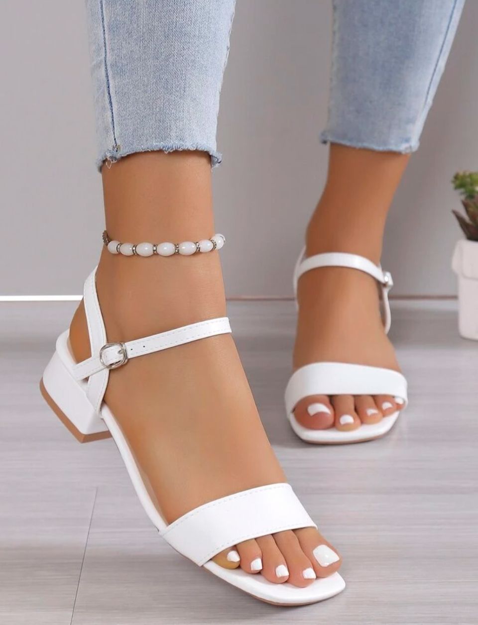 Women Ruched Detail Chunky Heeled Sandals, Elegant White Ankle Strap Sandals For Summer Valentines image