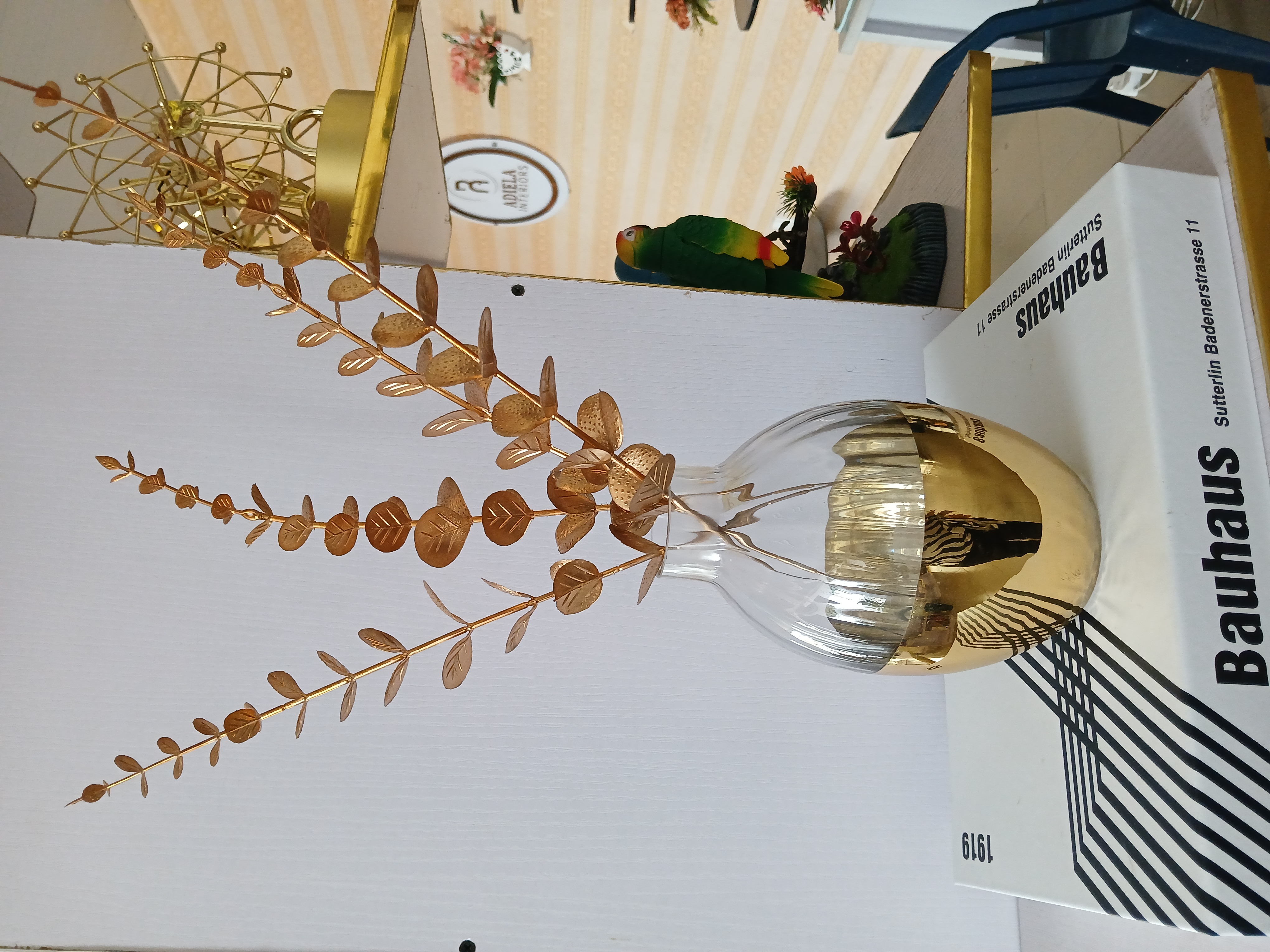 Clear + Gold Vase + Gold Eucalyptus Stalks Image