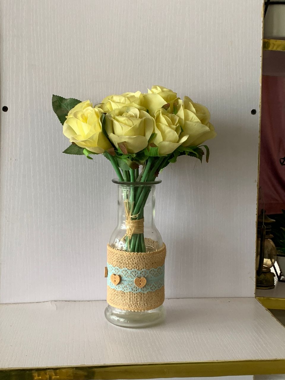 Artificial Rose Flower In Glass Vase+Rope Image
