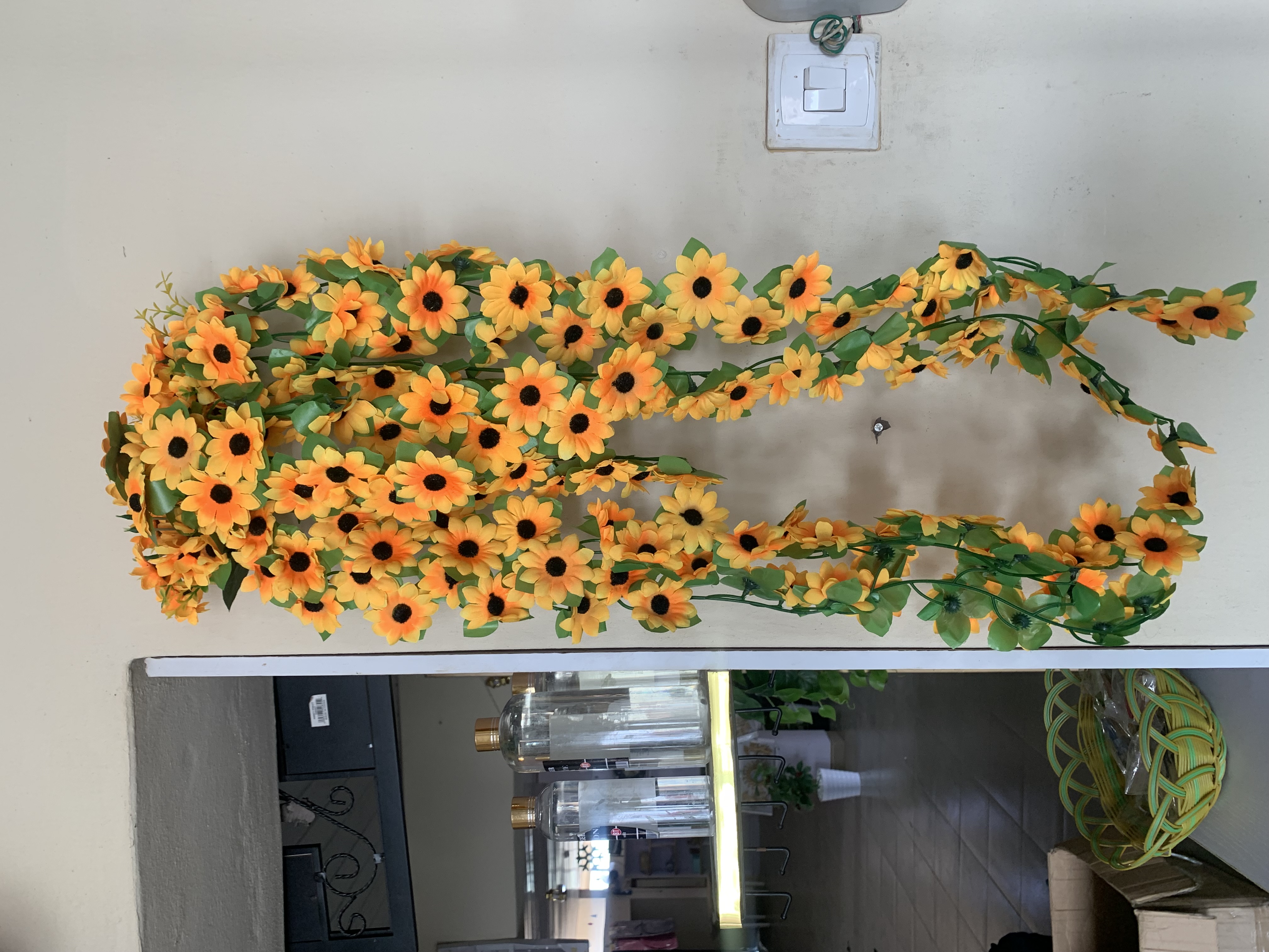 Dropping sunflowers in plastic wall vase Image