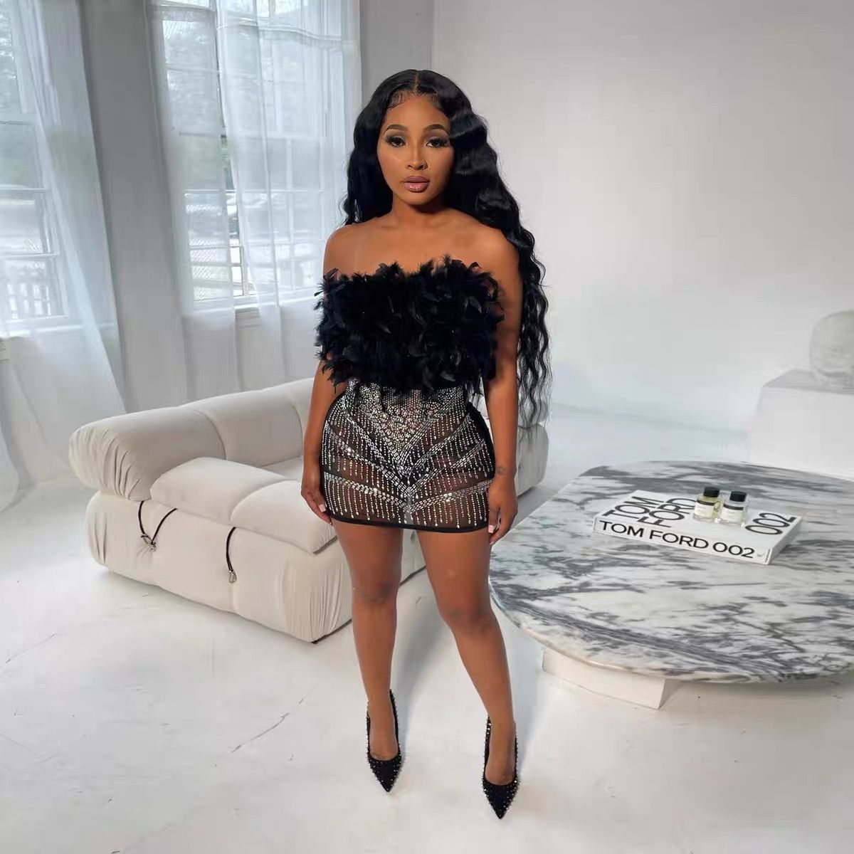 Celebrity party feathery dress CBC264 image