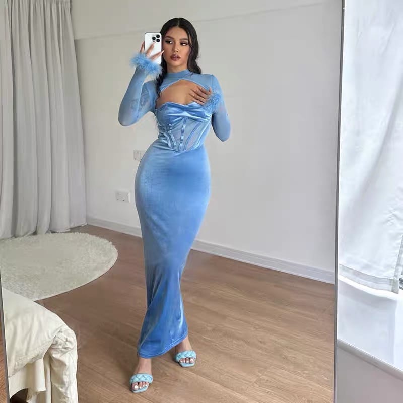 Bossy fantasy fur sleeves velvet dress CBC216 image