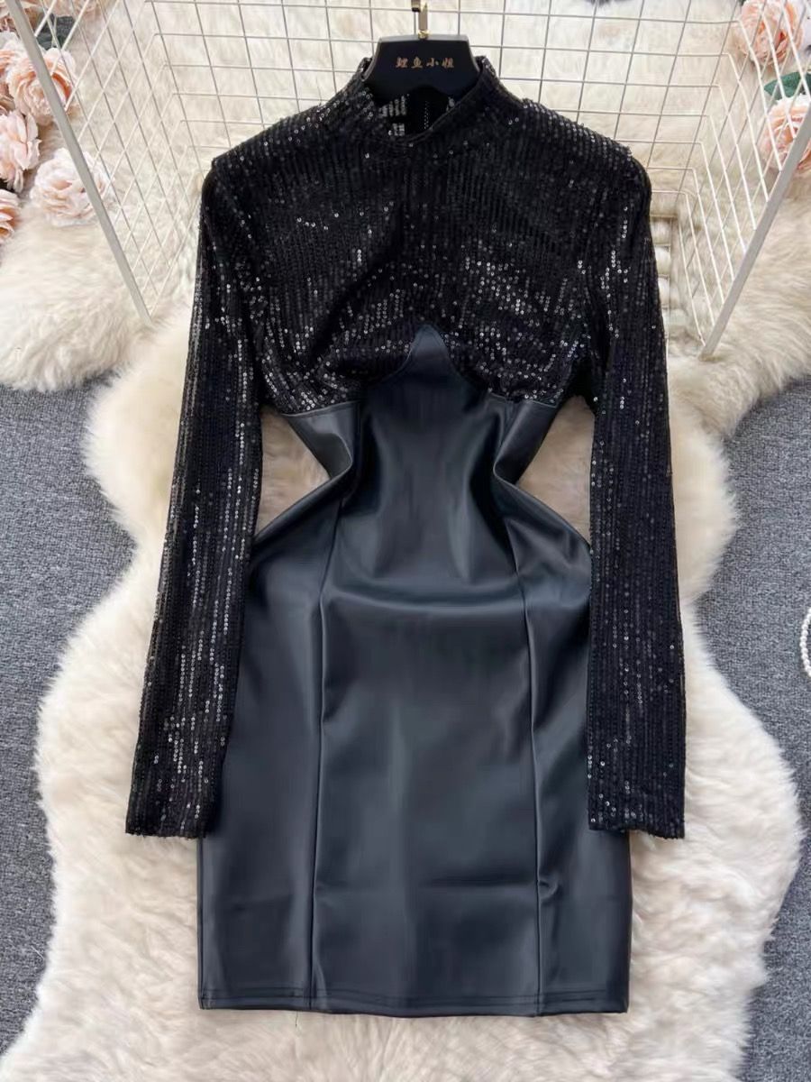 Boujee babe sequin meets leather dress FBC113 image