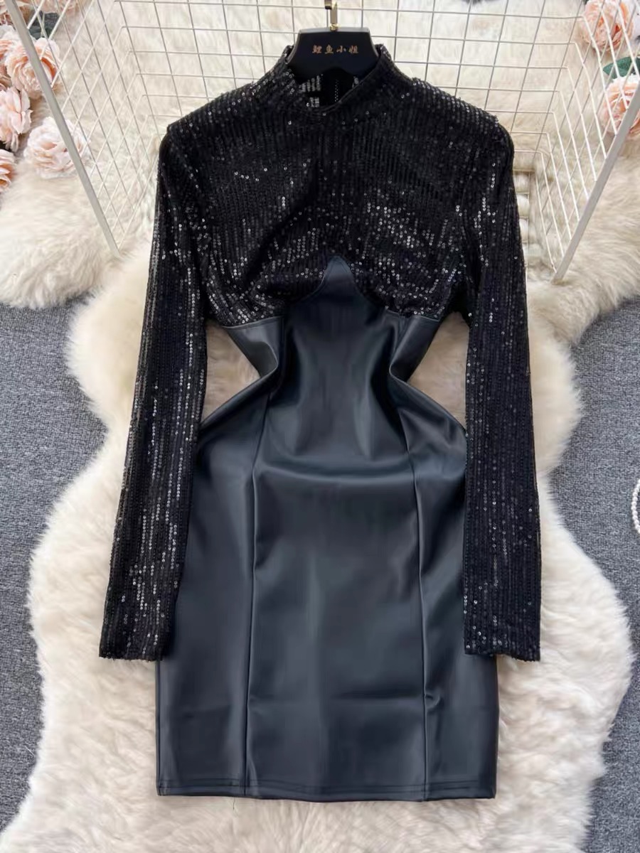 Boujee babe sequin meets leather dress FBC113