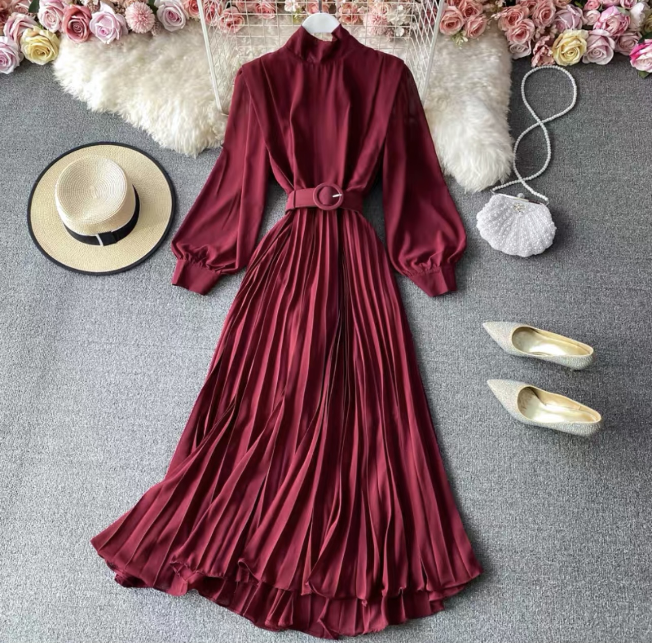 She works hard for the money pleat dress & belt FD4 image