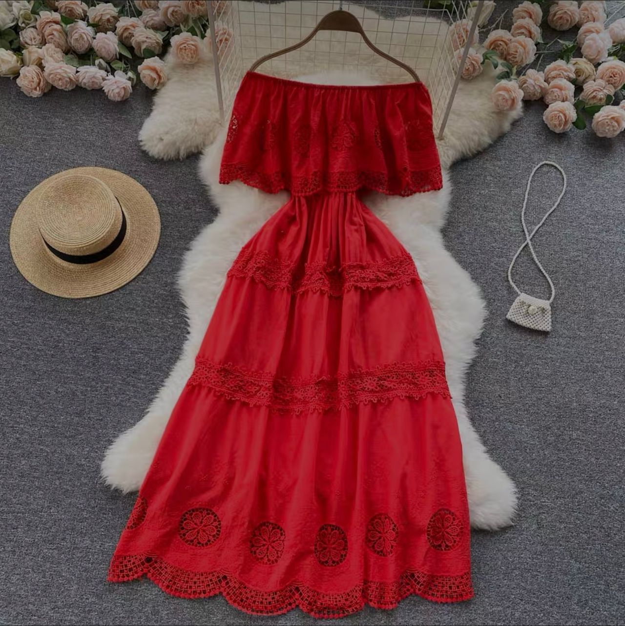 Lace droplets off shoulder dress CD117 image