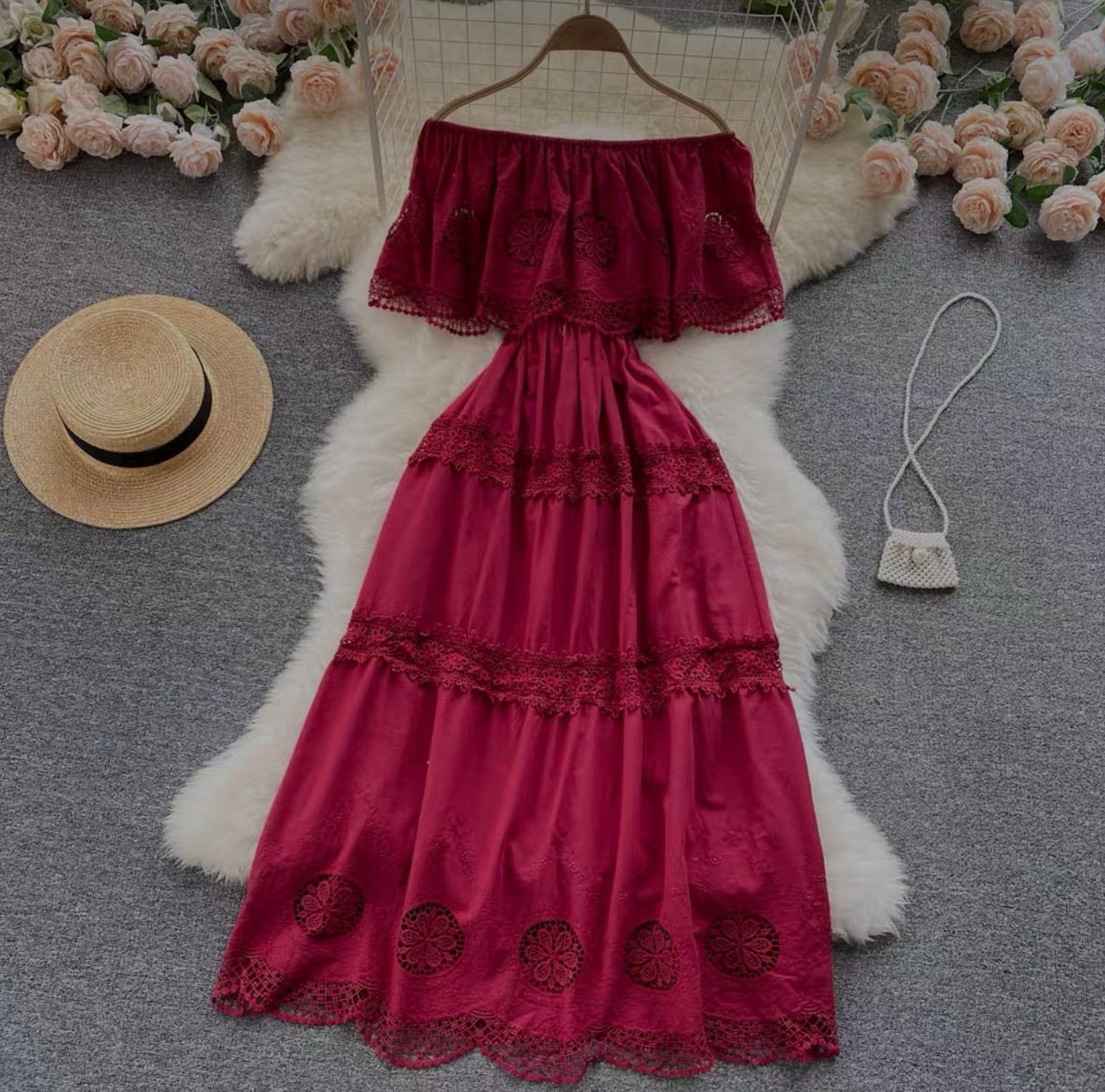 Lace droplets off shoulder dress CD117 image