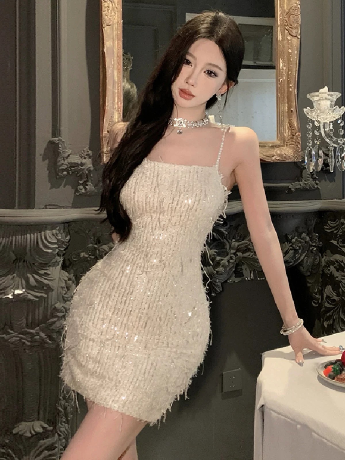 Flower fields sequin frayed dress FBC444